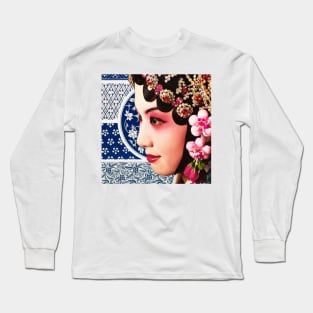 Chinese Opera Star Blue with Dark Blue Traditional Pattern- Hong Kong Retro Long Sleeve T-Shirt